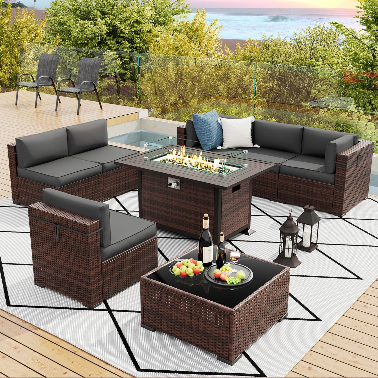 Amopatio Patio Furniture Sets, 7 Pieces Outdoor Rattan Sectional Sofa Set with Glass Table and Cushions, Wicker Patio Conversation Set for Outdoor Indoor Backyard Lawn Garden Porch (Grey)