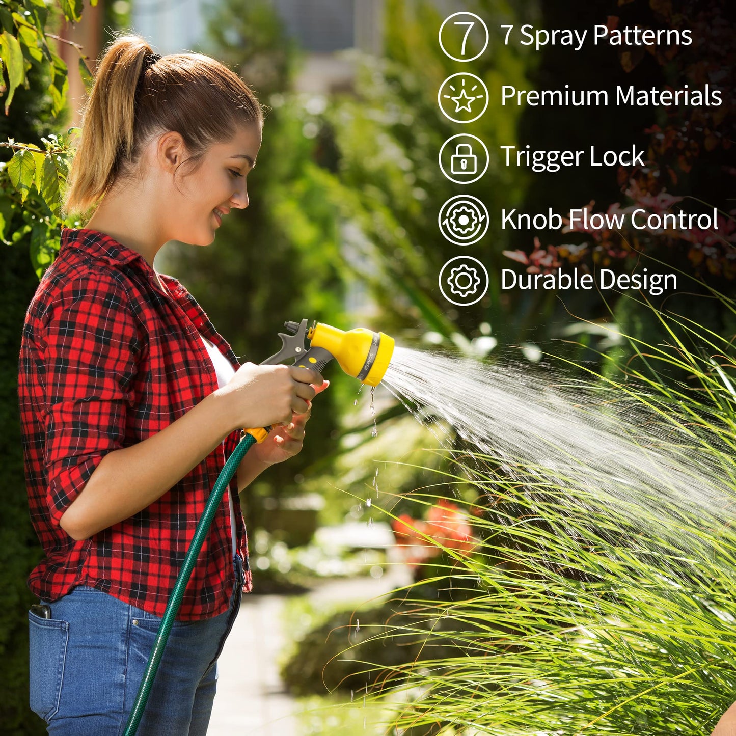 AUTOMAN-Garden-Hose-Nozzle, ABS Water Spray Nozzle with 7 Adjustable Watering Patterns, Slip Resistant for Watering Plants, Lawn& Garden, Washing Cars, Cleaning, Showering Pets & Outdoor Fun.