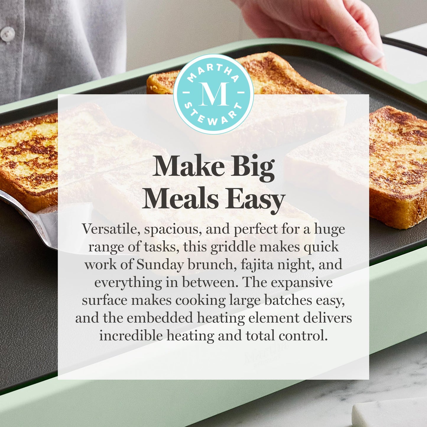 Martha Stewart 12” x 22” Electric Griddle, XL Ceramic Nonstick Flat Top Cooking Surface, Adjustable Temperature Dial, Drip Tray, Dishwasher Safe, 1500W Fast Even Heating, Pancakes & Eggs, Linen White