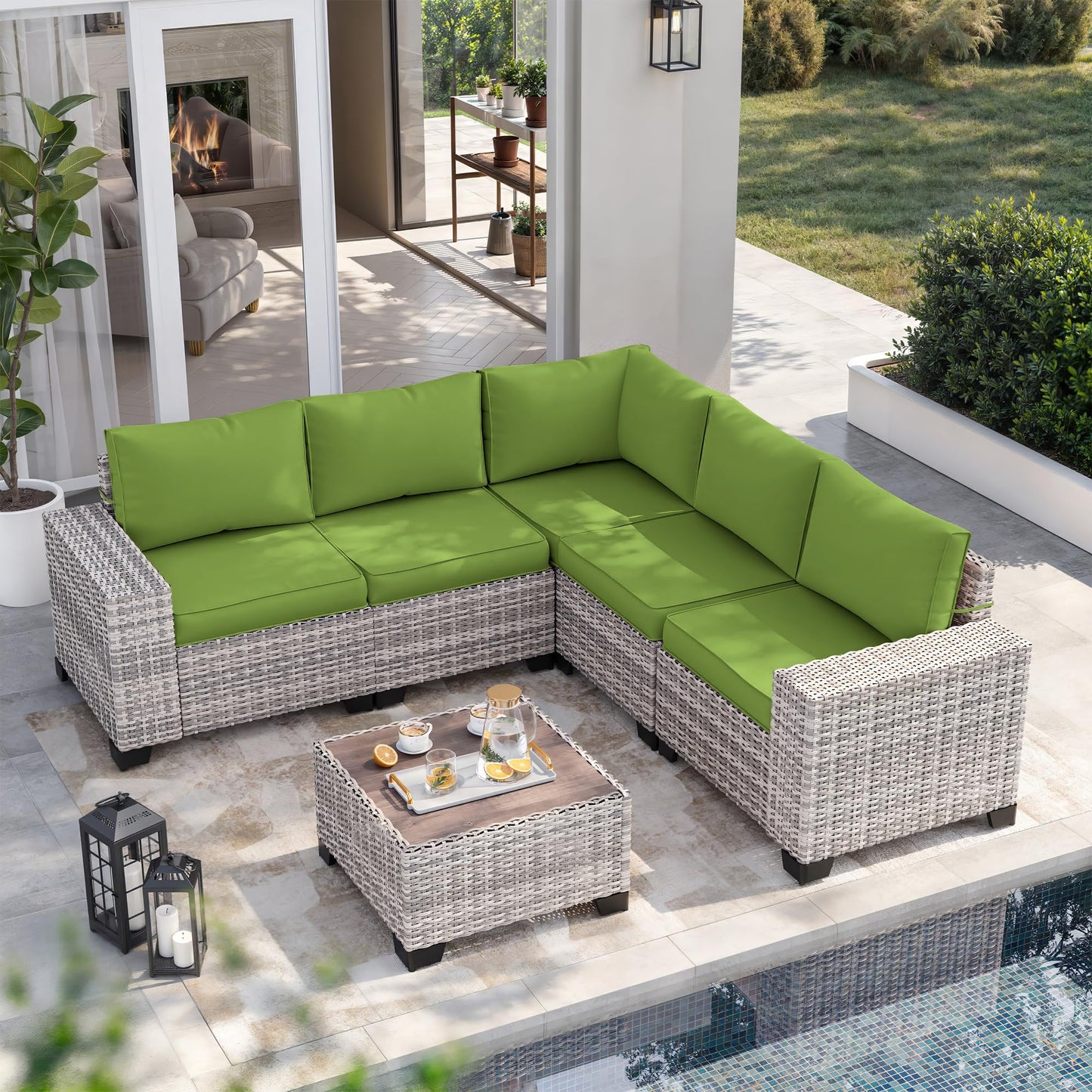6-Piece Outdoor Patio Furniture Set Wicker Sectional Sofa Set, Patio Conversation Set with Thickened Cushions & Coffee Table for Garden, Backyard, Poolside, Beige