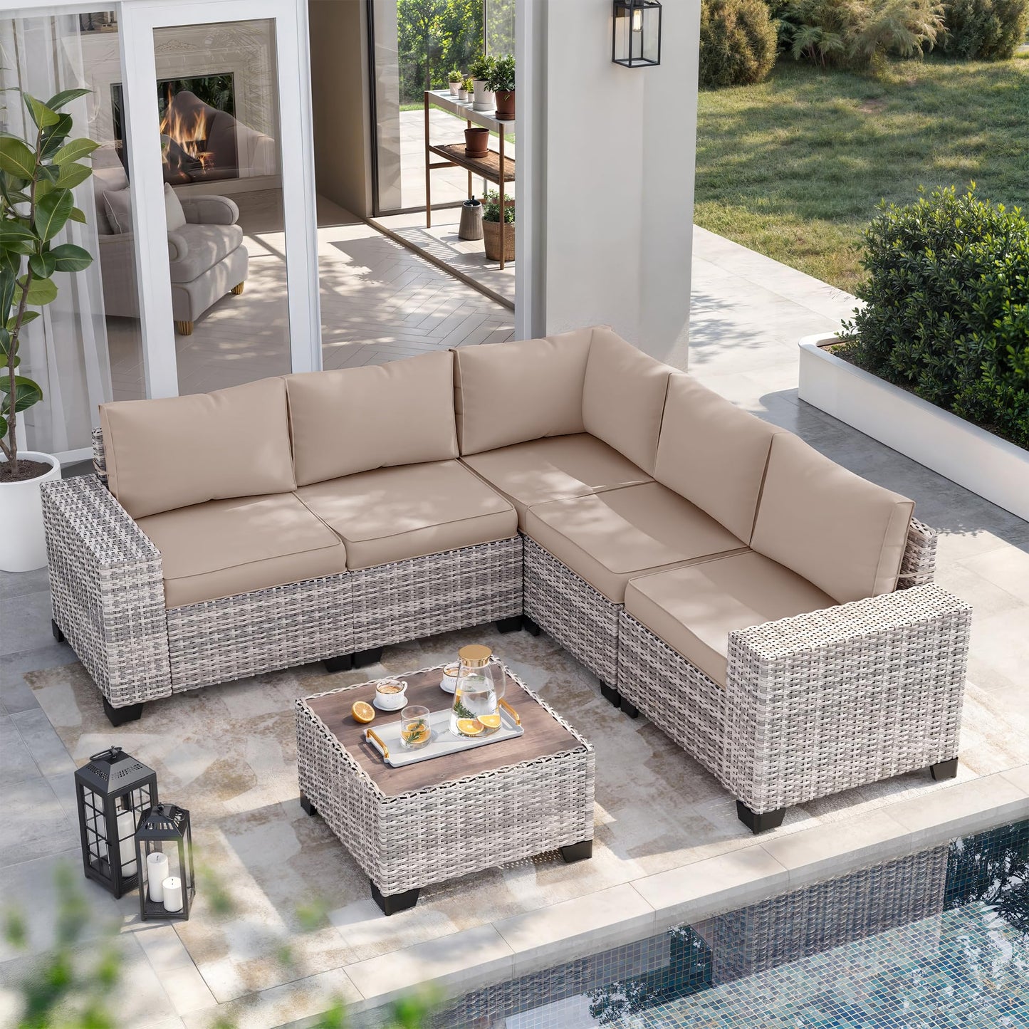 6-Piece Outdoor Patio Furniture Set Wicker Sectional Sofa Set, Patio Conversation Set with Thickened Cushions & Coffee Table for Garden, Backyard, Poolside, Beige