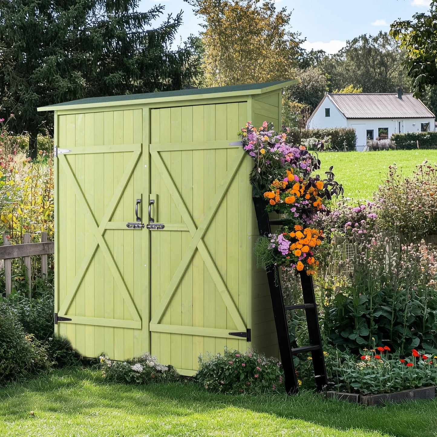 VINGLI Upgraded Outdoor Wooden Storage Shed, Extra Large Garden Shed Outside Tool Cabinet with 2 Safety Latches, Patio Storage Organizer for Garden Yard Lawn Equipment, Teak