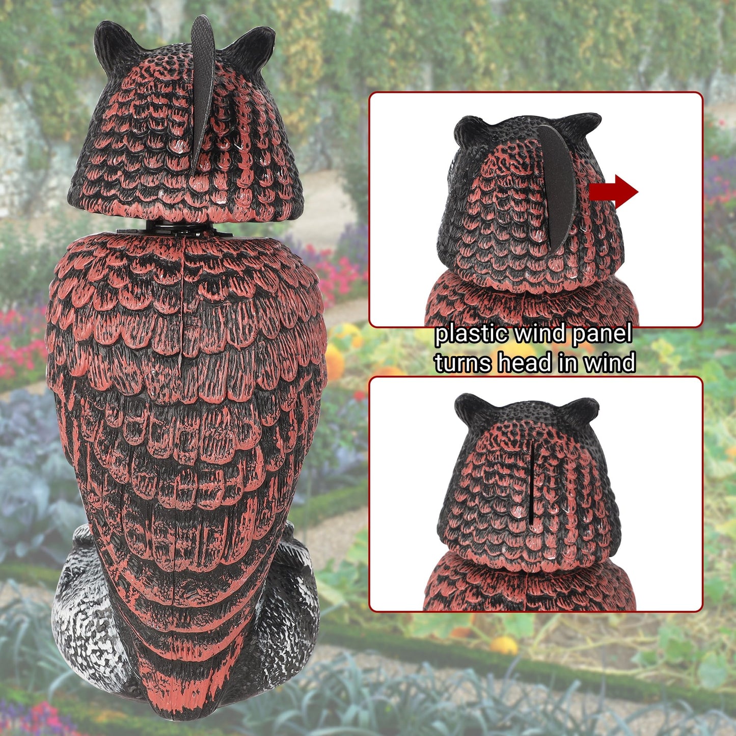Hausse 2 Pack Bird Scarecrow Fake Owl Decoy Sculpture, Rotating Head Plastic Owl Bird Deterrents, 10.6 Inch Height Nature Enemy Horned Pest Repellent for Outdoor Garden Yard