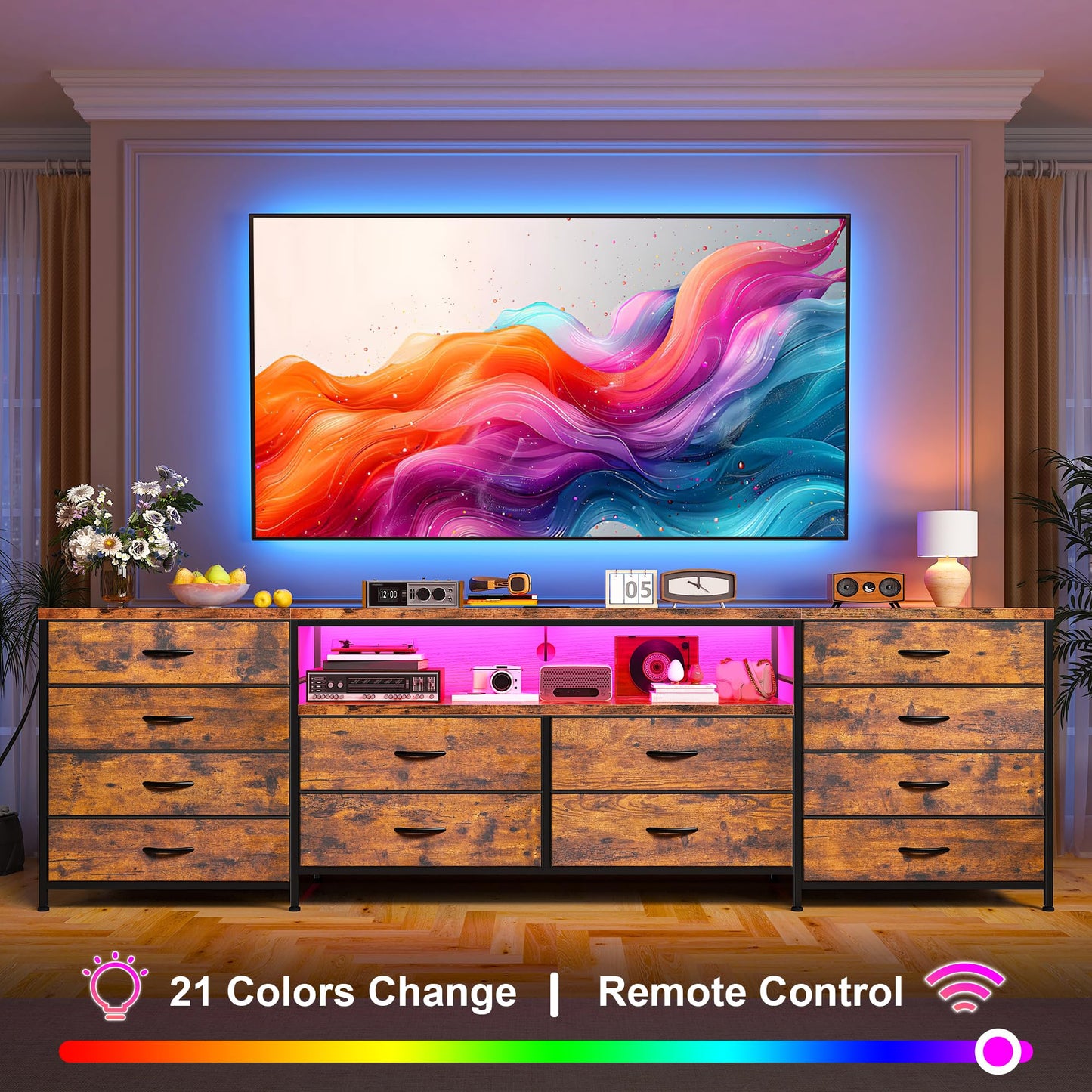 EnHomee 63" W TV Stand Fits 65/70 Inch TV, 12 Drawers Dresser with LED Lights & Power Outlets, Entertainment Center Long Fabric Dresser for Bedroom, Living Room, Hallway, Rustic Brown