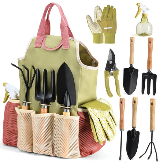 Gardening Tools Set of 10 - Complete Heavy Duty Garden Tools Set with Fashion Handbag - Durable Gardening Supplies Kit Ideal Garden Gifts for Women
