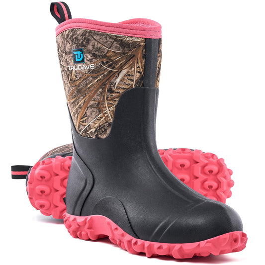 Rubber Boots for Women with Steel Shank, 6mm Neoprene Mid Calf Rain Boots, Waterproof Insulated Mud Work Boots All Season, Size 5-11