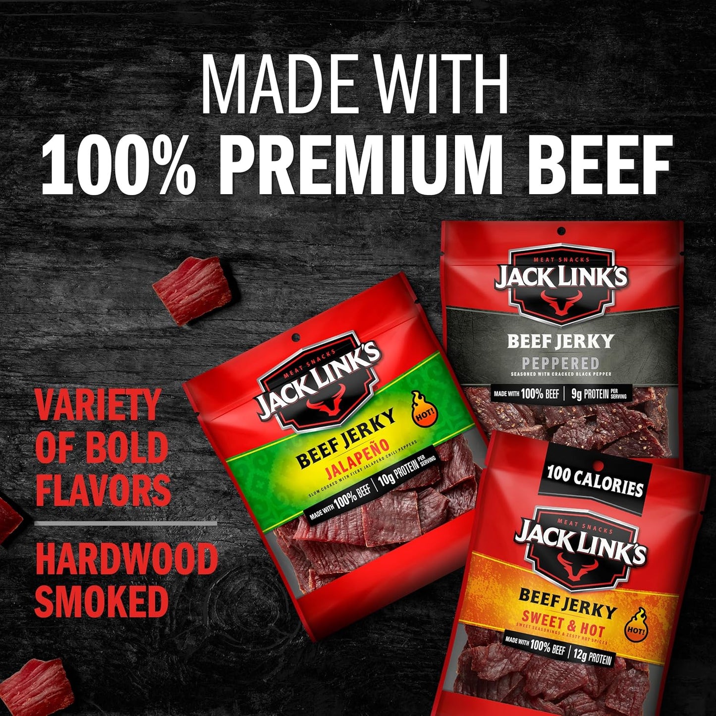 Jack Link's Beef Jerky Bold Variety Pack - Includes Sweet & Hot, Jalapeno and Peppered Jerky, Great Gifts for Dad & Men, Good Source of Protein, Meat Snacks Made with 100% Beef - 1.25 Oz (Pack of 15)
