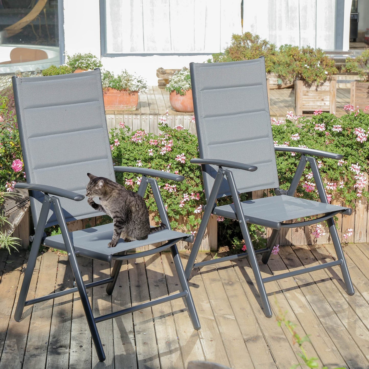 PURPLE LEAF 9 Pieces Outdoor Patio Dining Set with 8 Folding Portable Chairs and 1 Rectangle Aluminum Table, Foldable Adjustable High Back Reclining Chairs with Soft Cotton-Padded Seat, Grey