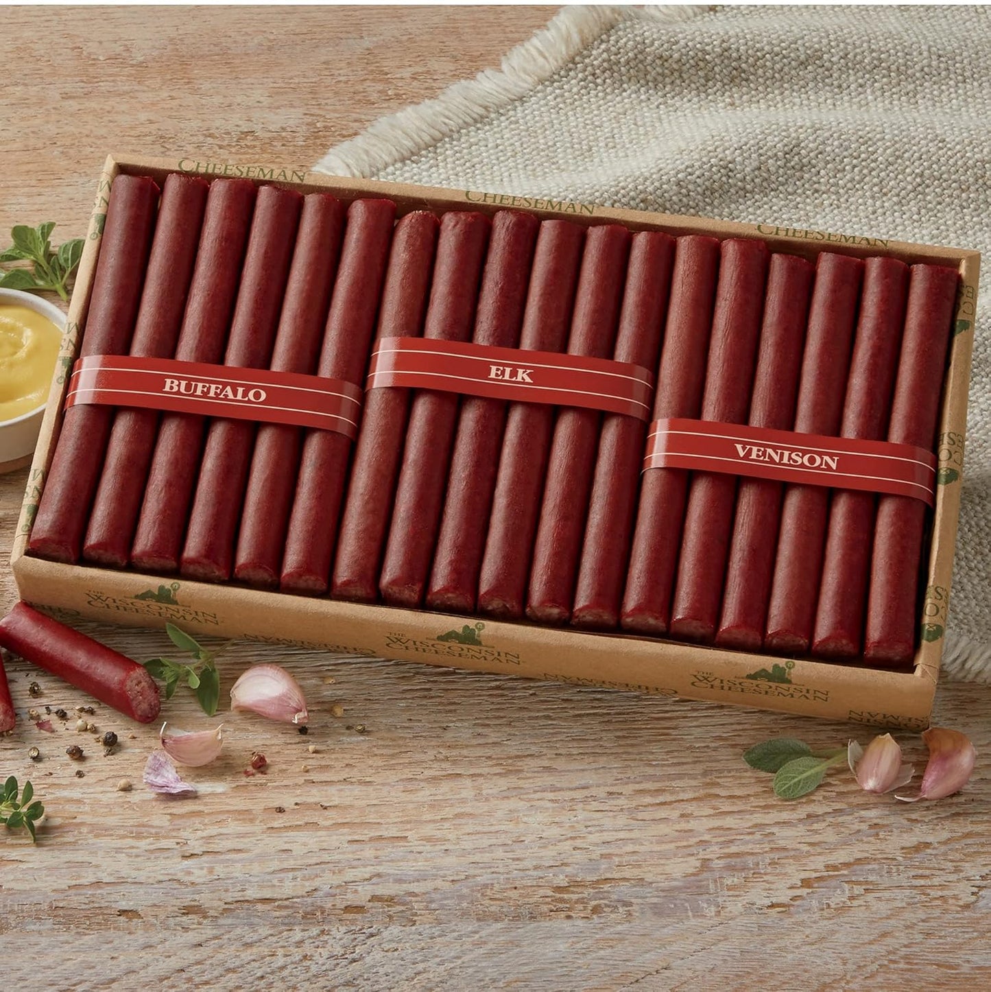 The Wisconsin Cheeseman Wild Game Sticks - Assorted Elk, Savory Buffalo, and Venison Meat, Pork and Beef Blend, Perfect Premium Gift for Holiday Season