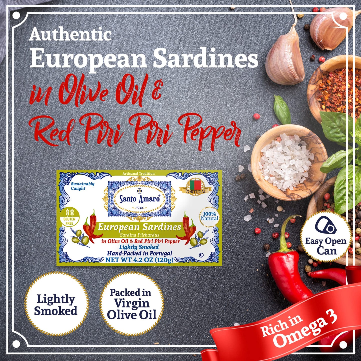 Santo Amaro - 6 Flavor Variety Pack Sampler European Wild Sardines - Virgin Olive Oil - Tomato Sauce from Puree - Virgin Olive Oil & Spicy Red Piri Piri Pepper - Spring Water - Virgin Olive Oil & Lisbon Lemon - Tomato Puree with Spicy Red Piri Piri Pepper
