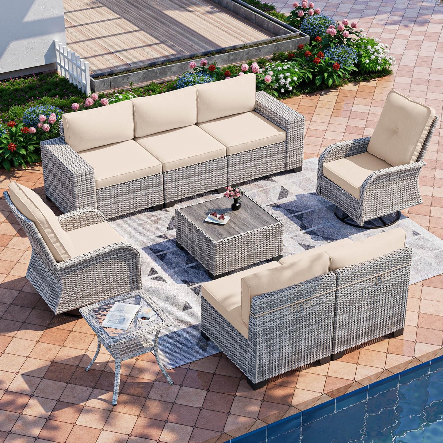 6-Piece Outdoor Patio Furniture Set Wicker Sectional Sofa Set, Patio Conversation Set with Thickened Cushions & Coffee Table for Garden, Backyard, Poolside, Beige