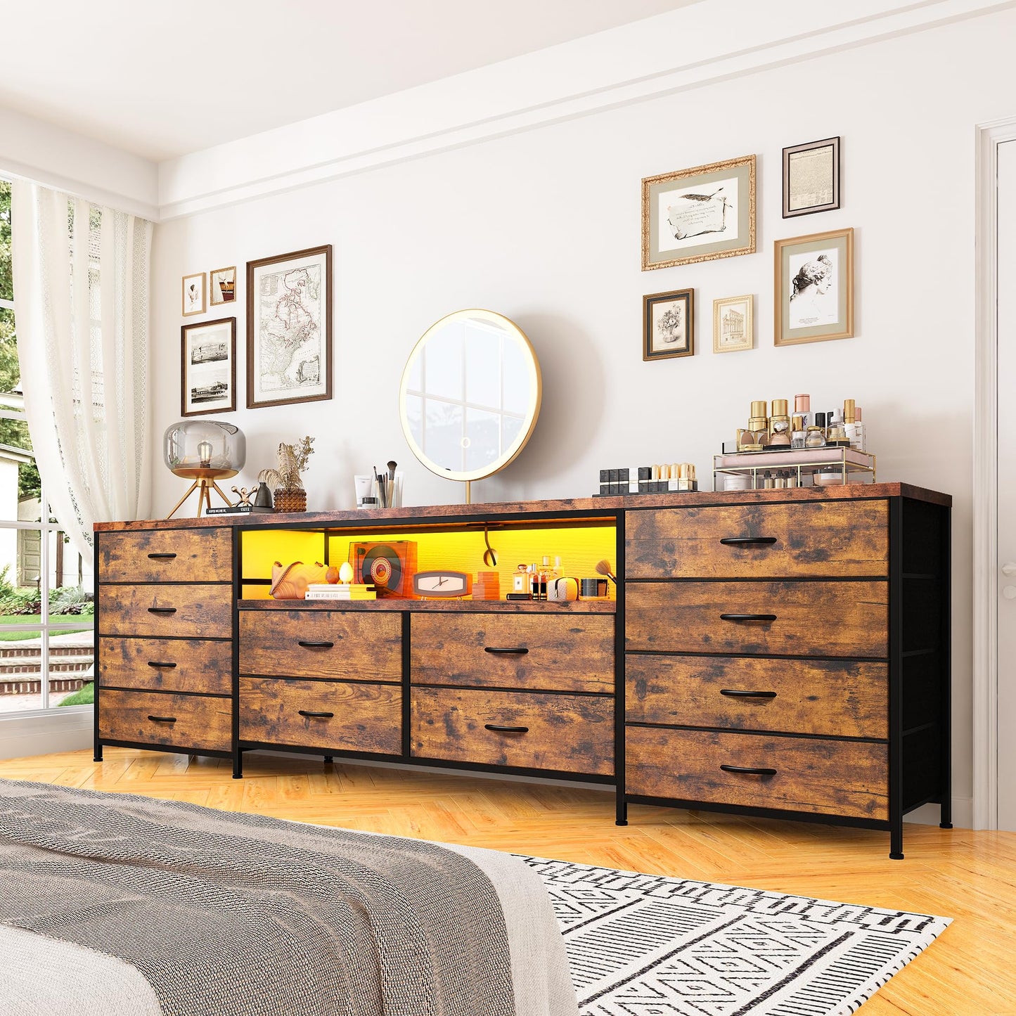 EnHomee 63" W TV Stand Fits 65/70 Inch TV, 12 Drawers Dresser with LED Lights & Power Outlets, Entertainment Center Long Fabric Dresser for Bedroom, Living Room, Hallway, Rustic Brown
