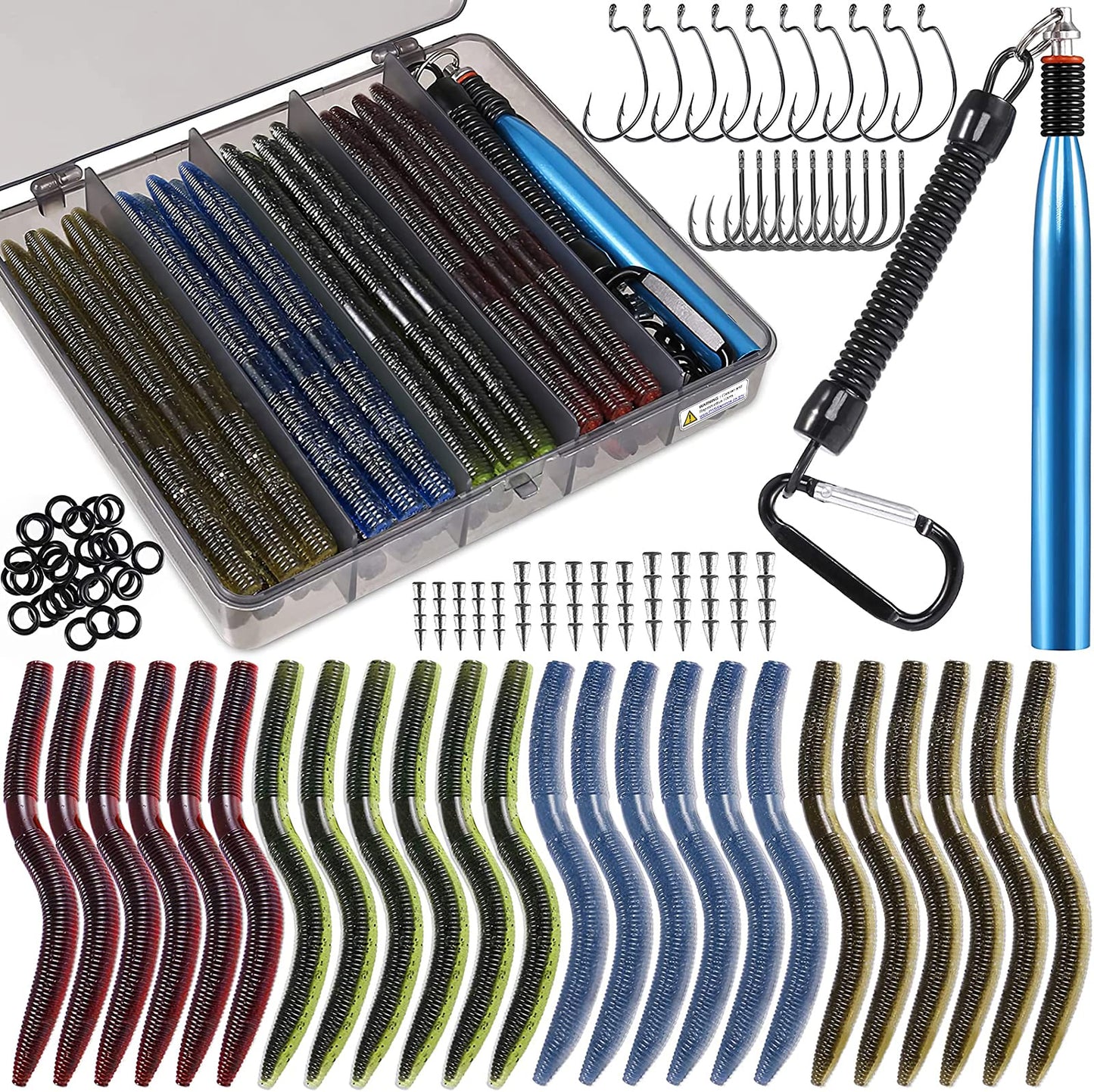 PLUSINNO 5.5" Wacky Worm Fishing Lure Kit, 137PCS Soft Plastic Fishing Lures, Grub Baits Hook Wacky Rig Bass Trout Fishing Worms Lures w/Tackle Box-A