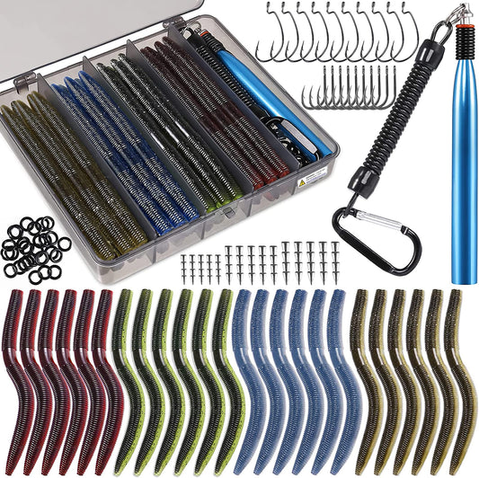 PLUSINNO 5.5" Wacky Worm Fishing Lure Kit, 137PCS Soft Plastic Fishing Lures, Grub Baits Hook Wacky Rig Bass Trout Fishing Worms Lures w/Tackle Box-A