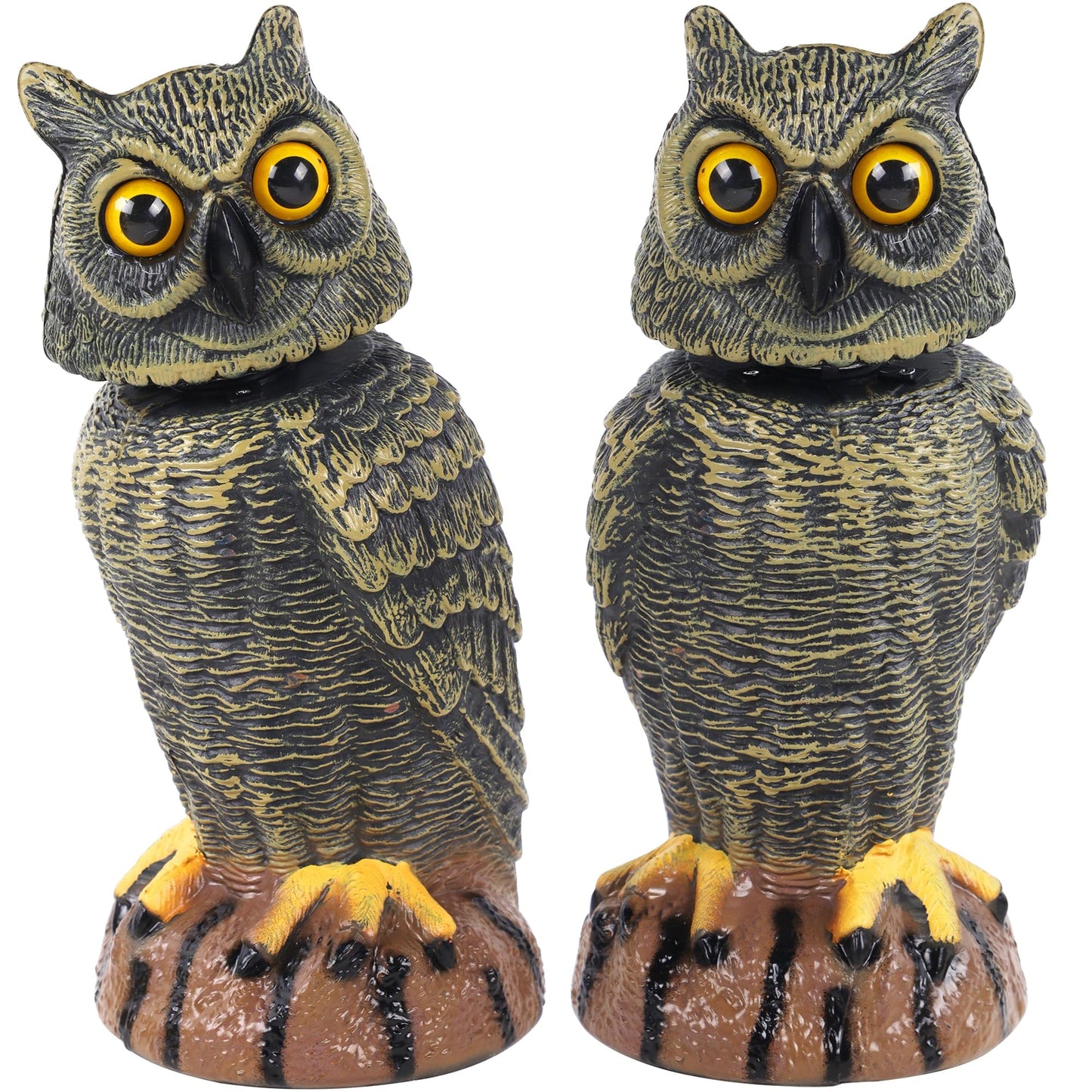 Hausse 2 Pack Bird Scarecrow Fake Owl Decoy Sculpture, Rotating Head Plastic Owl Bird Deterrents, 10.6 Inch Height Nature Enemy Horned Pest Repellent for Outdoor Garden Yard