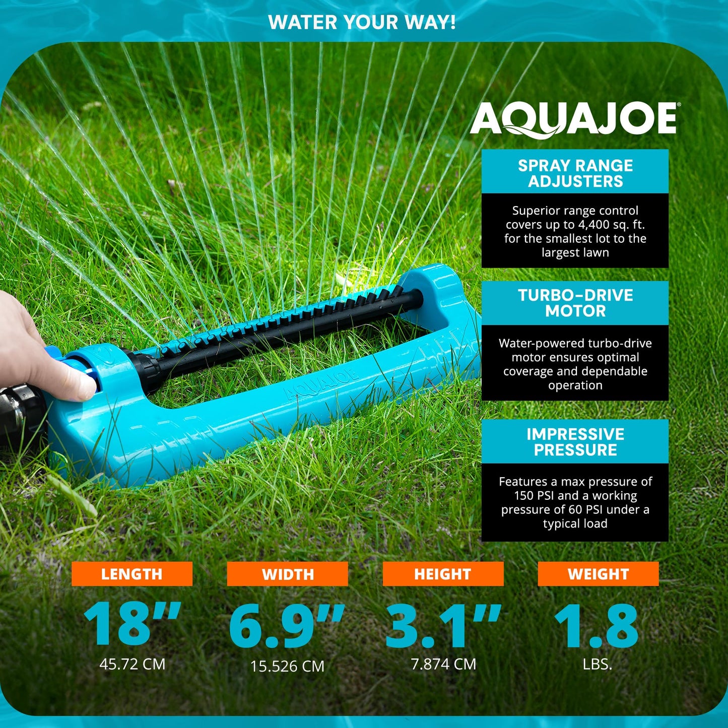 Aqua Joe SJI-OMS16 Indestructible Metal Base Oscillating Sprinkler with Adjustable Spray, 3600-Square Foot Coverage