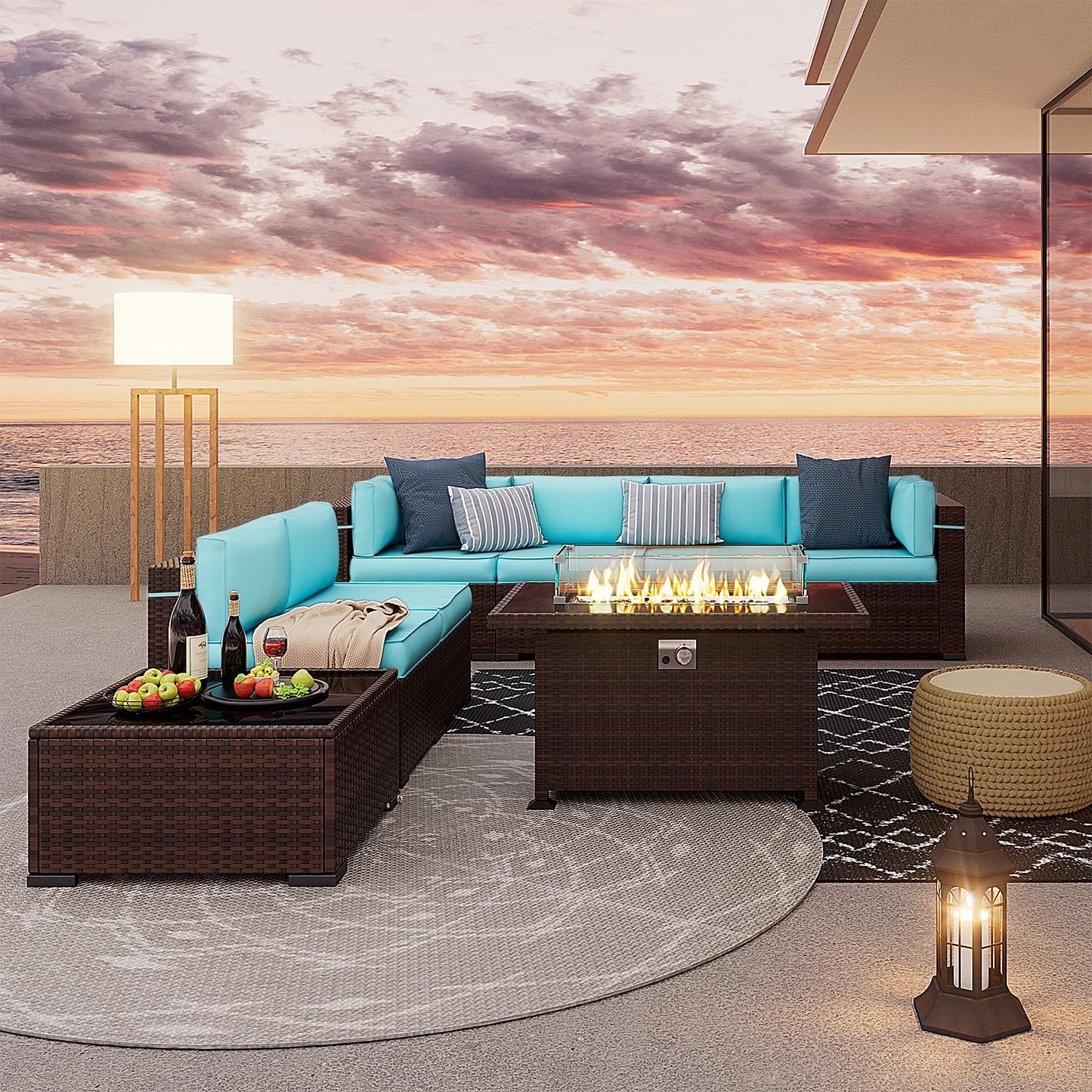 Amopatio Patio Furniture Sets, 7 Pieces Outdoor Rattan Sectional Sofa Set with Glass Table and Cushions, Wicker Patio Conversation Set for Outdoor Indoor Backyard Lawn Garden Porch (Grey)