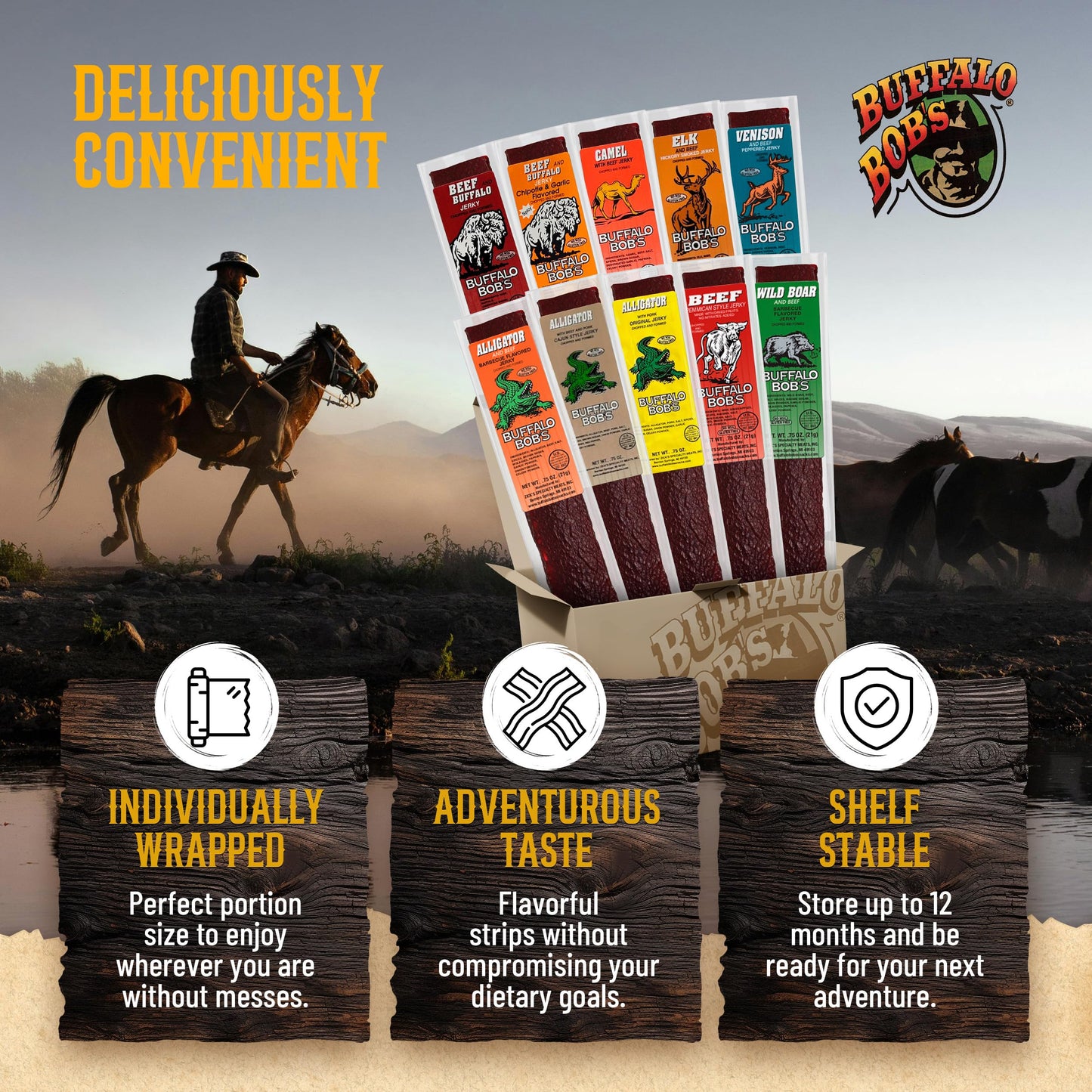 Buffalo Bob's Exotic Jerky (10-Pack), 10 Flavor Variety Pack of Snack Sticks, Wild Game Beef Gifts for Men