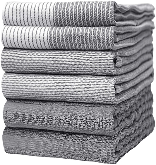 Premium Kitchen Towels (20”x 28”, 6 Pack) | Large Cotton Dish Towels | Flat & Terry Highly Absorbent Kitchen Linen Set with Hanging Loop | Gray