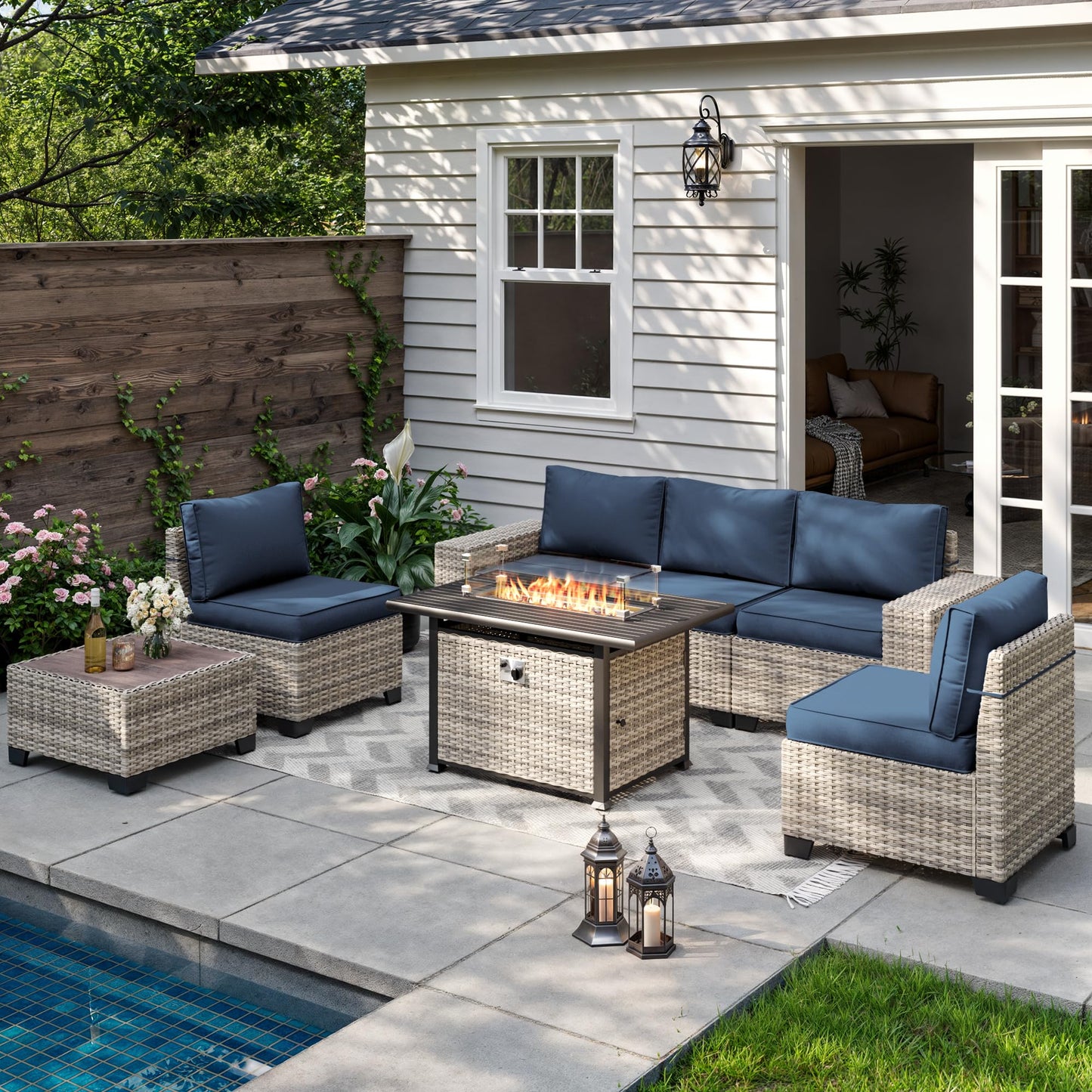 6-Piece Outdoor Patio Furniture Set Wicker Sectional Sofa Set, Patio Conversation Set with Thickened Cushions & Coffee Table for Garden, Backyard, Poolside, Beige