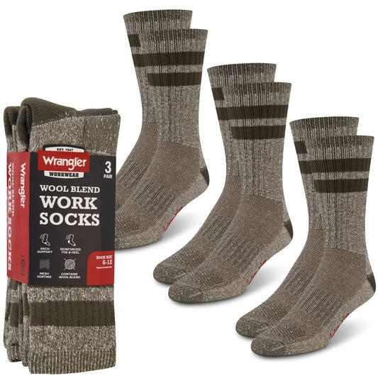 Wrangler Men's Blended Wool Work Socks - Crew Socks for Hiking, Boots, & All-Weather Wear with Arch Support - Size 6-12