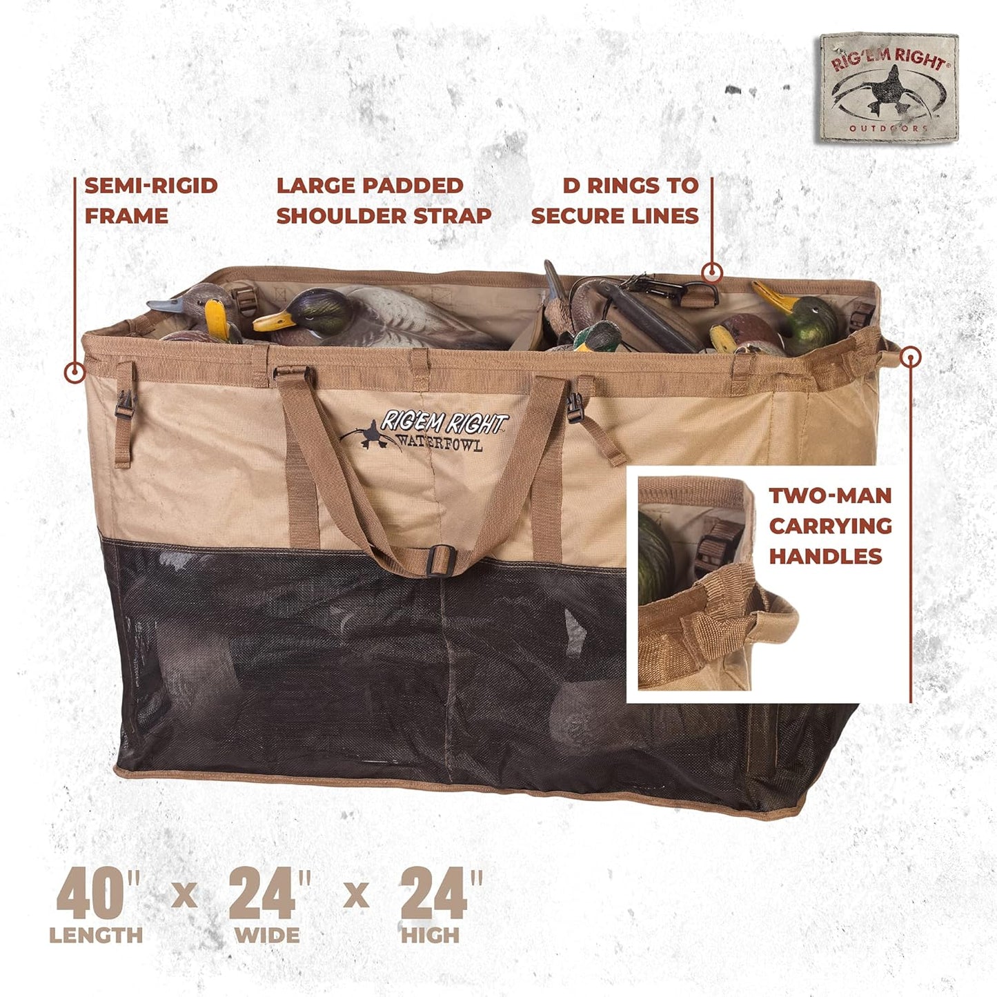 Rig'Em Right Waterfowl Foldable Tanker XL Bird Hunting Decoy Bag with Two-Man Carrying Handles and Large Padded Shoulder Straps - Holds 48 Duck Floaters in Open Position and 36 when Closed