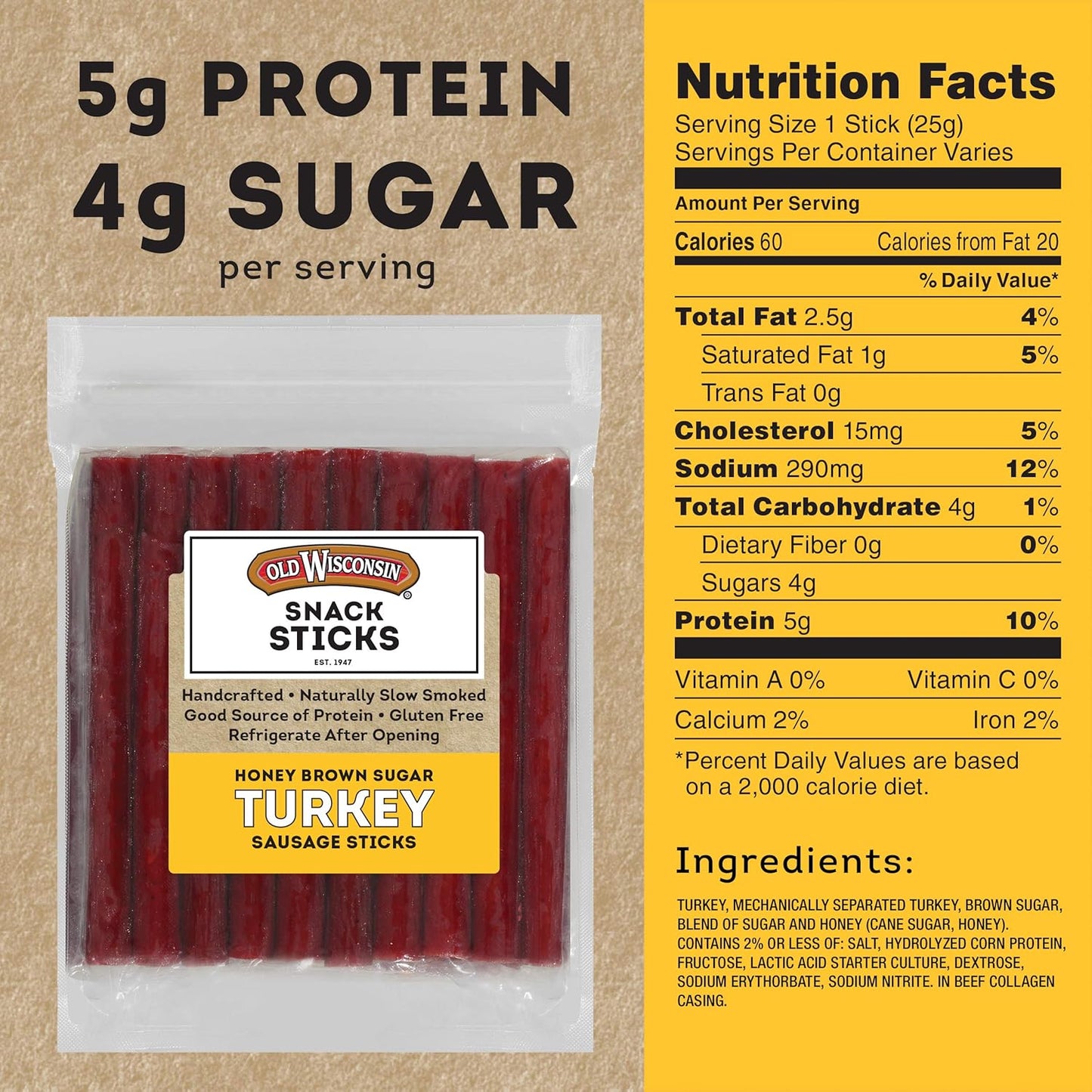 Old Wisconsin Honey Brown Sugar Turkey Sausage Snack Sticks, Naturally Smoked, Ready to Eat, High Protein, Low Carb, Keto, Gluten Free, 16 Ounce Resealable Package, Honey Turkey