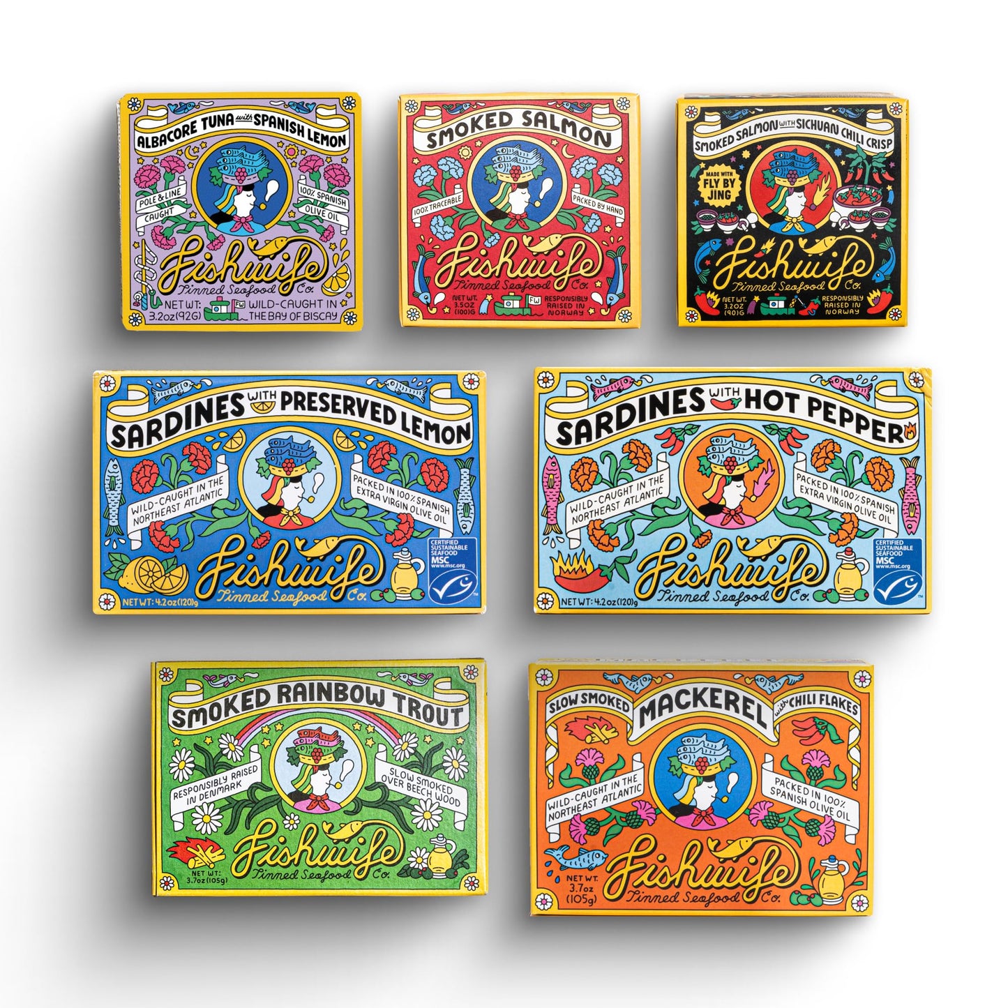 Fishwife Starter 7-Pack (Variety of Tinned Seafood including Smoked Salmon, Rainbow Trout, Sardines, Tuna & More!) | Gluten Free, High Protein | Hand-Packed