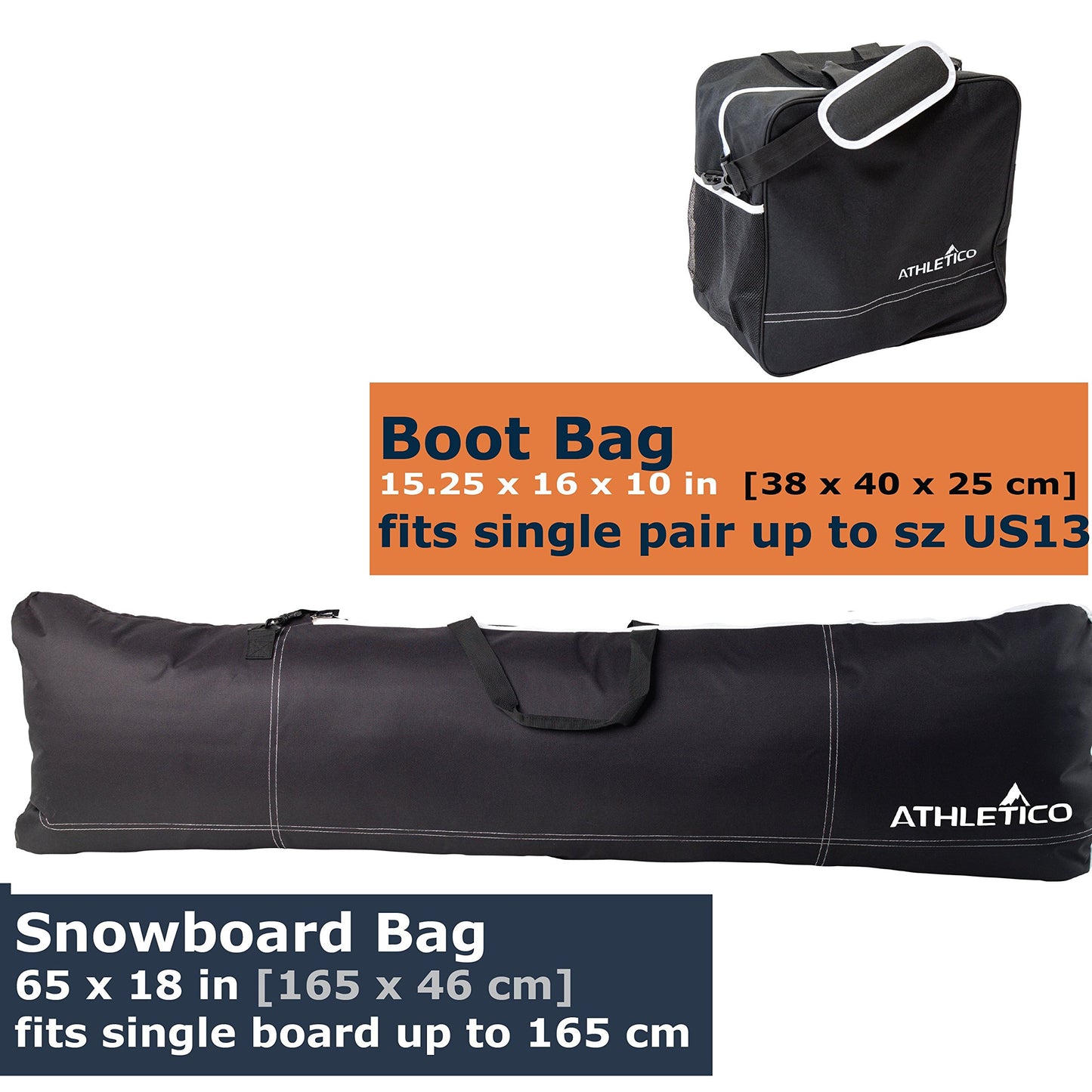Athletico Two-Piece Snowboard and Boot Bag Combo | Store & Transport Snowboard Up to 165 CM and Boots Up To Size 13 | Includes 1 Snowboard Bag & 1 Boot Bag (Black)