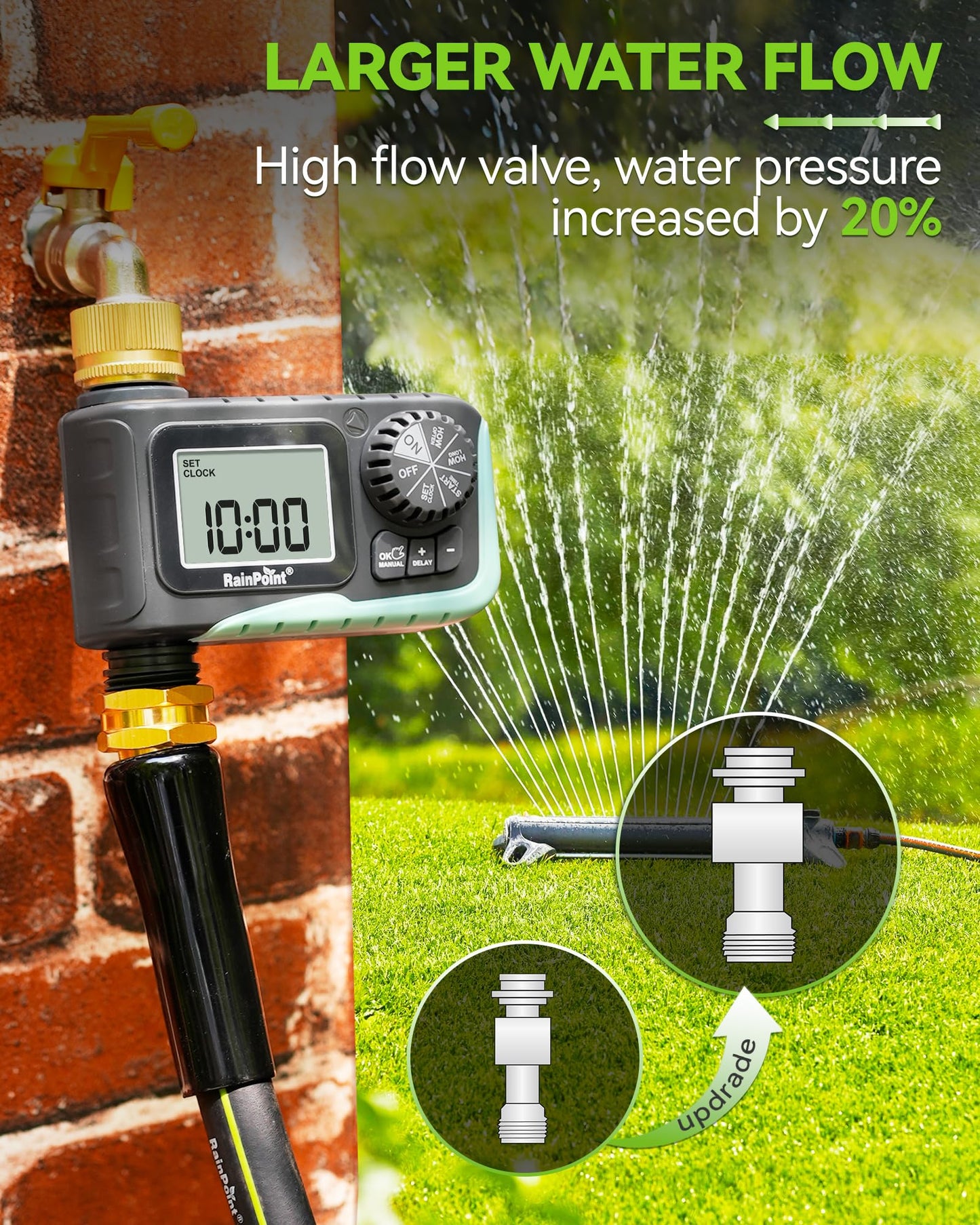 RAINPOINT Sprinkler Timer, Programmable Water Timer for Garden Hose, Outdoor Soaker Hose Timed with Rain Delay/Manual/Automatic Watering System, Digital Irrigation for Yard, Lawn, 1 Outlet
