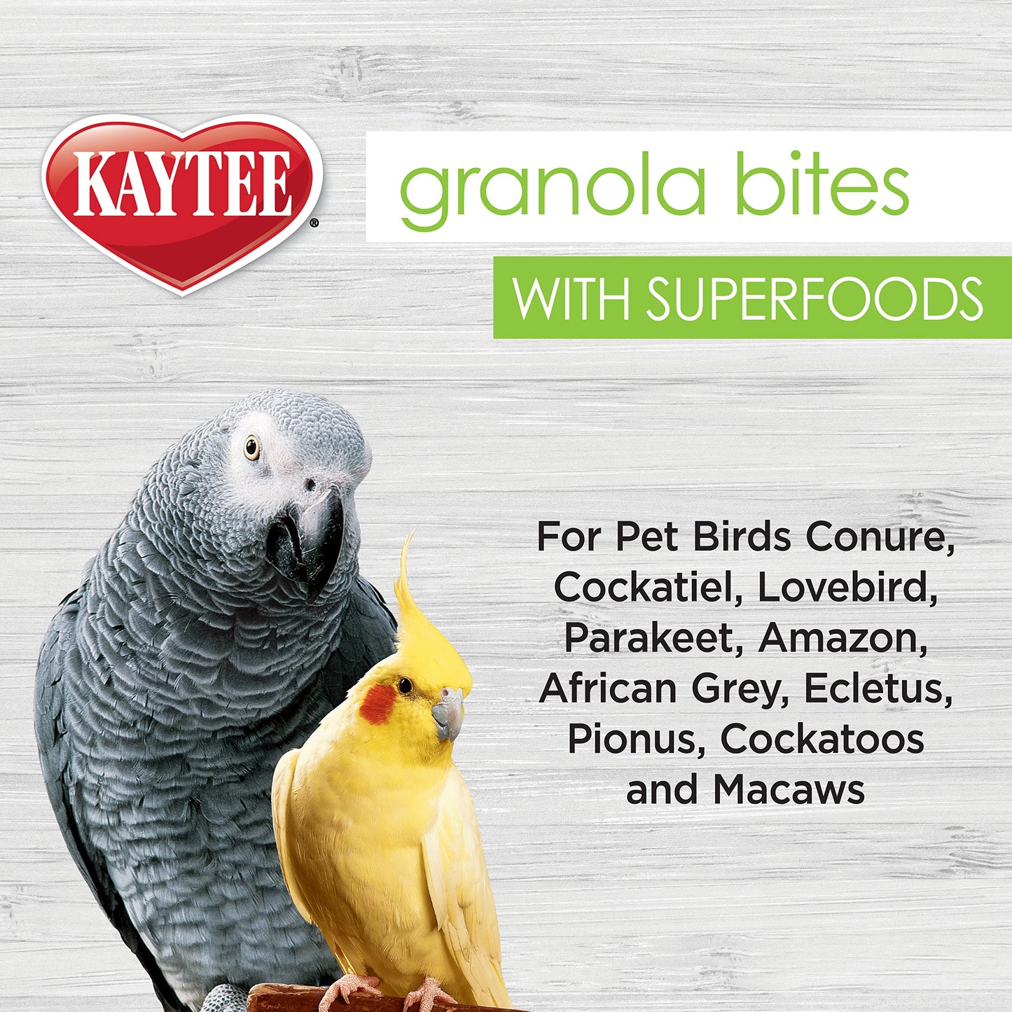 Kaytee Granola Bites with Super Foods Spinach and Kale for Pet Birds, Conure, Cockatiel, Lovebird, Parakeet, Amazon, African Grey, Ecletus, Pionus, Cockatoos and Macaws, 4.50 Ounce (Pack of 1)