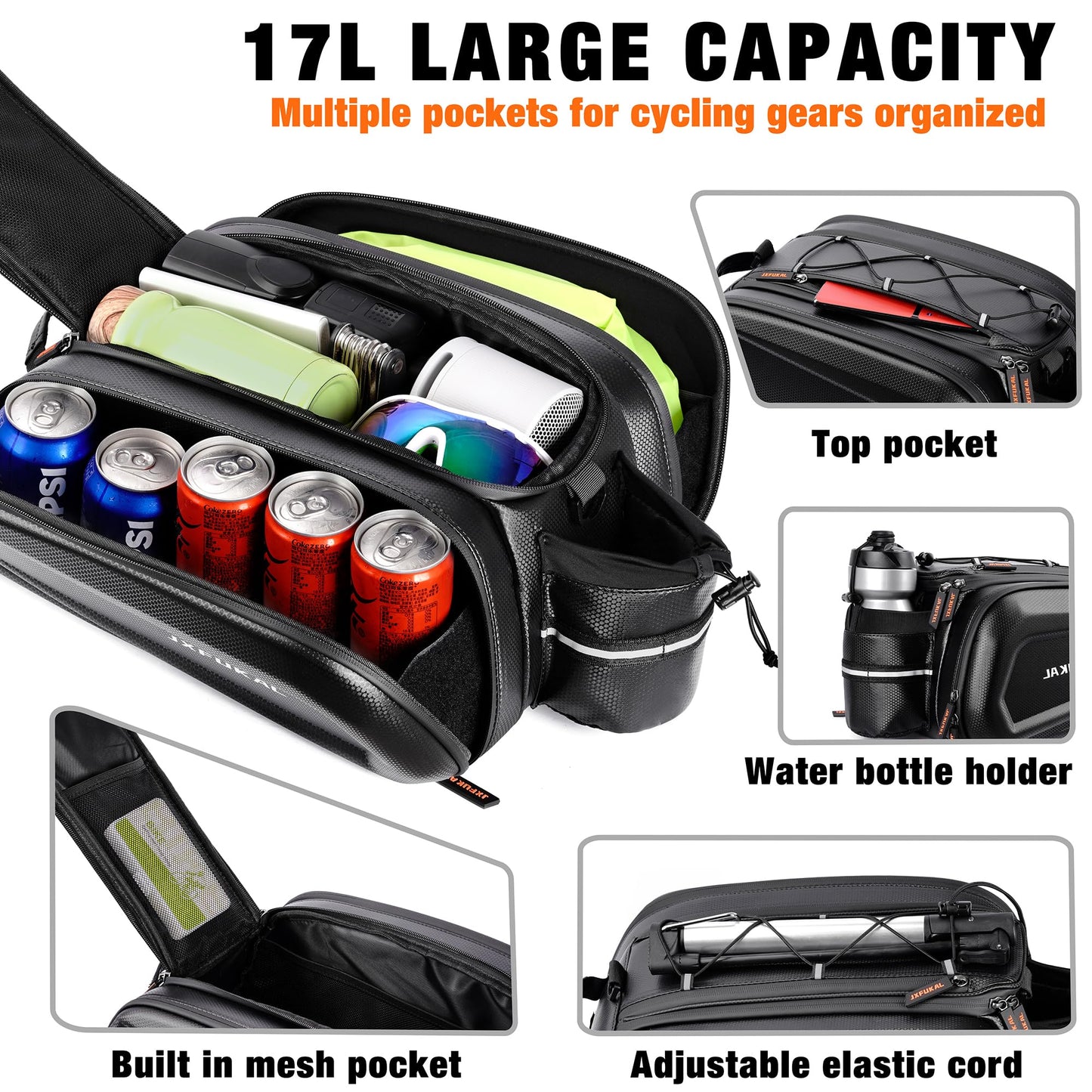 JXFUKAL Bike Bags for Bicycle Rear rack - 9.5L/17L/40L Hard Shell Waterproof Bike Ebike Trunk Pannier Saddle Seat Bag Carrier with Reflector, Rain Cover & Shoulder Strap for Commuter Travel Outdoor
