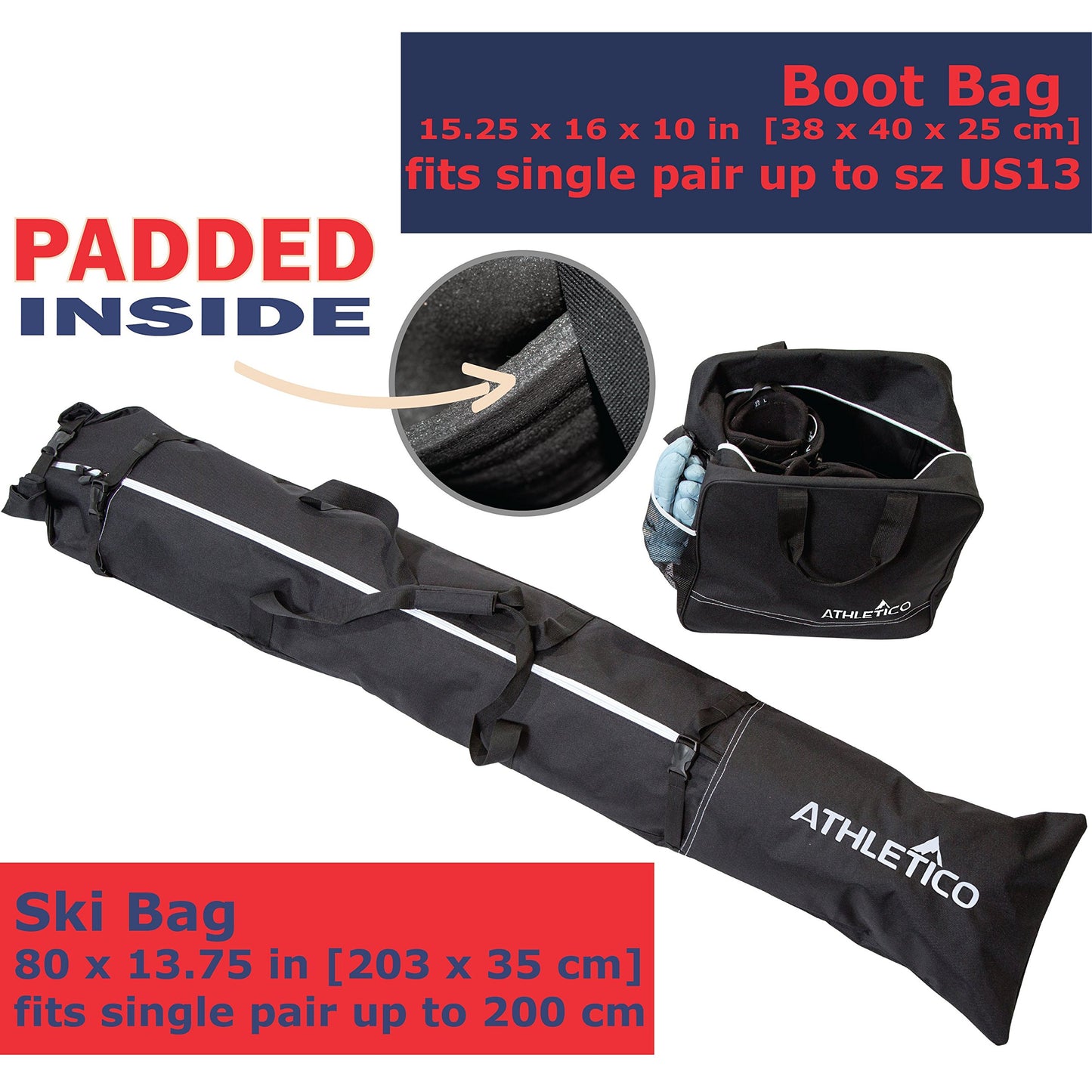 Athletico Padded Ski Bag Combo - Ski Bag & Separate Boot Bag - Store & Transport Skis Up to 200 CM and Boots Up To Size 13 - Padded to Protect All Your Ski Gear and Equipment for Travel (Black)