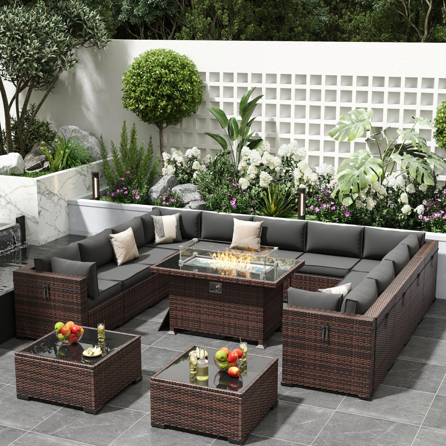 Amopatio Patio Furniture Sets, 7 Pieces Outdoor Rattan Sectional Sofa Set with Glass Table and Cushions, Wicker Patio Conversation Set for Outdoor Indoor Backyard Lawn Garden Porch (Grey)