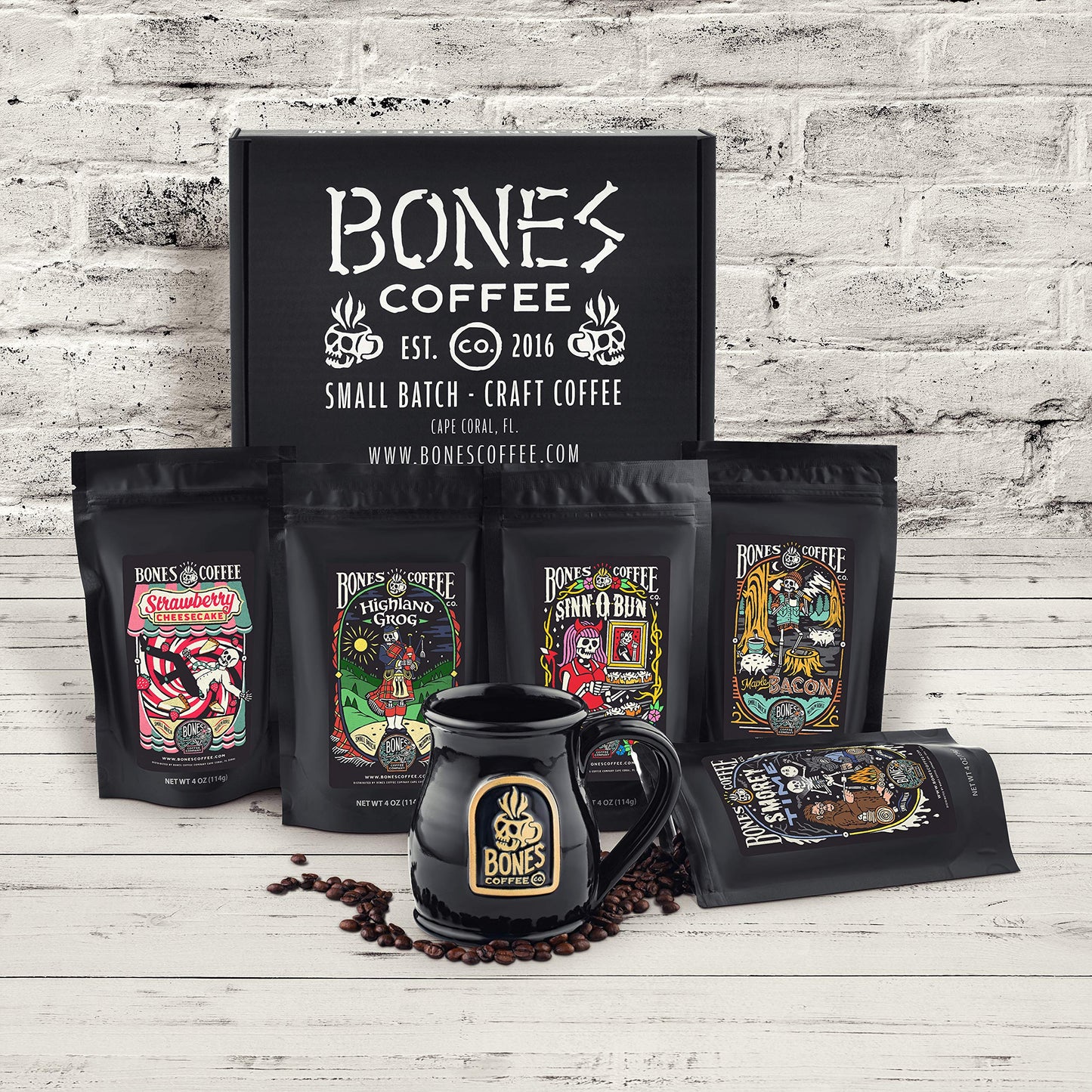 Bones Coffee Company World Tour Coffee Gift Set, 5 Packs Flavored Coffee, Medium Roast Low Acid, 4 Oz Ground