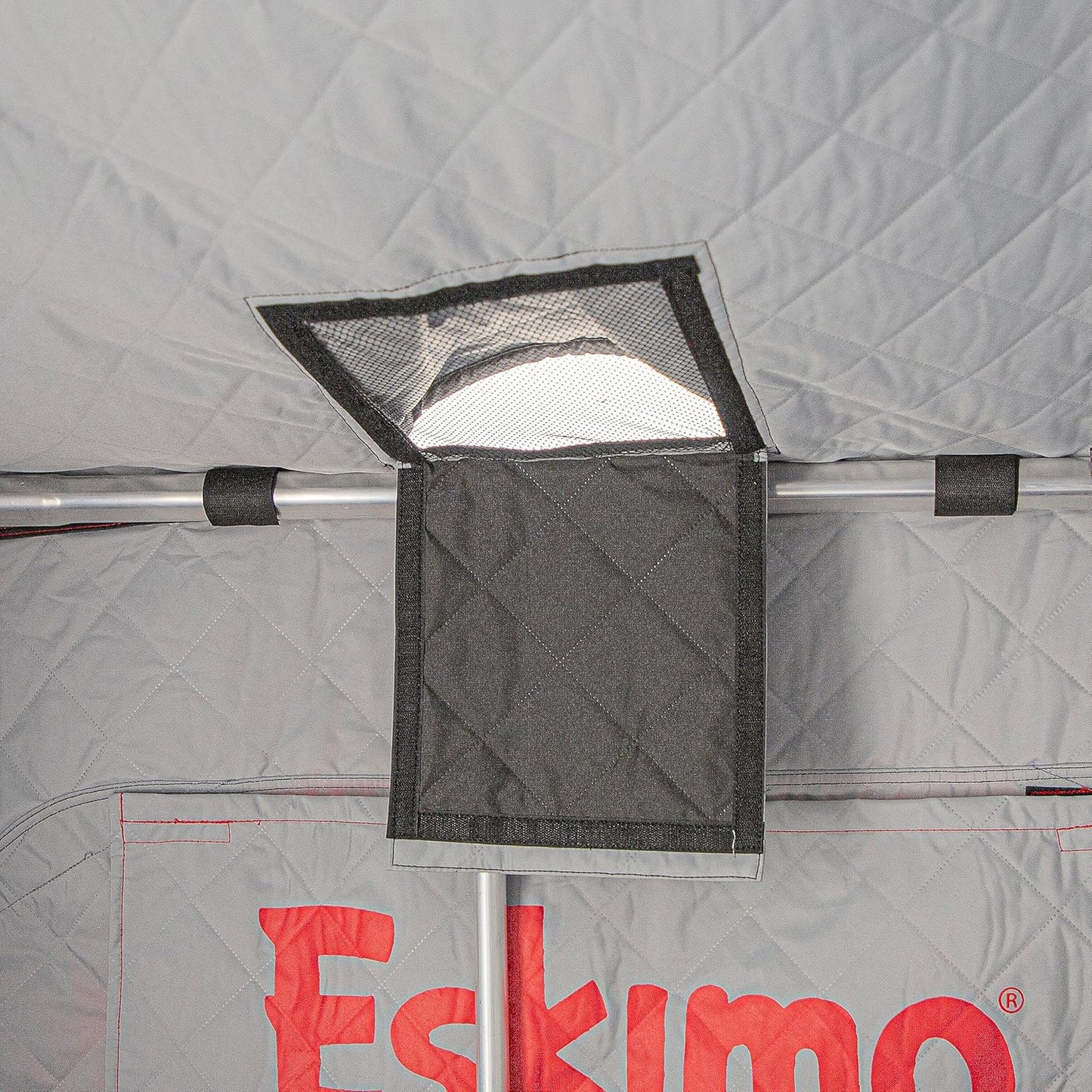 Eskimo Eskape 2000, Flip-Style Sled Ice Fishing Shelter, Insulated, Red/Black, 1-2 Person Capacity, Two Person Versatile Bench Seat, Gray Interior, 44100