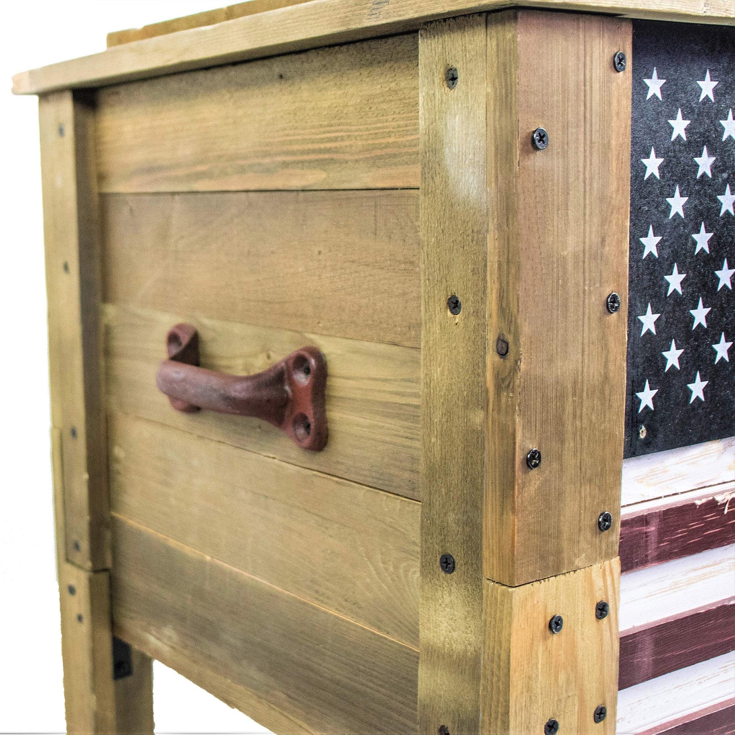 Backyard Expressions Wooden Patio Cooler with Plastic Insulated Liner & Bottle Opener – Rustic Outdoor Ice Chest for Deck, Porch, or Backyard Parties (2025 Flag)