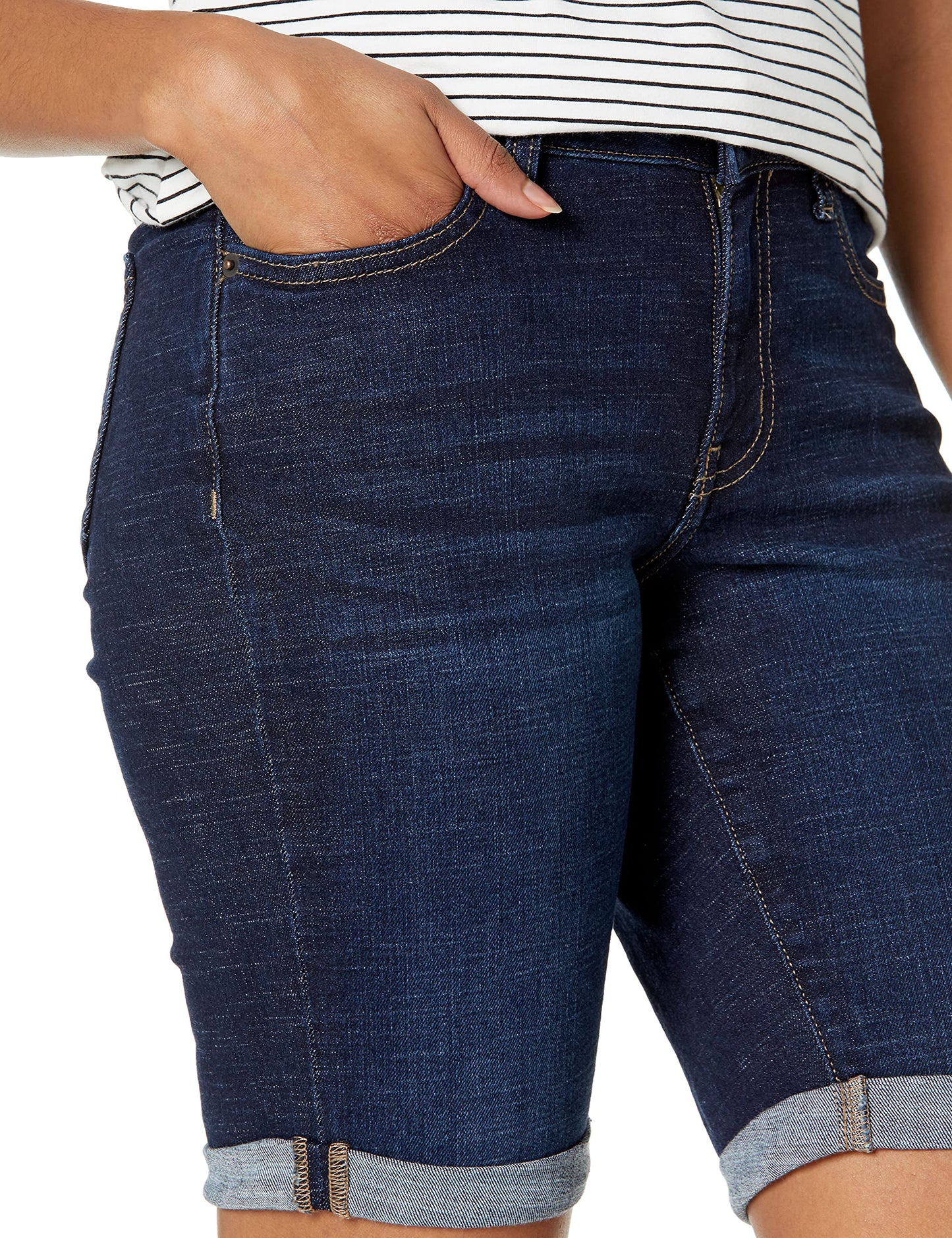 Amazon Essentials Women's Mid-Rise Stretchy Slim Fit Denim Bermuda Shorts with Pockets