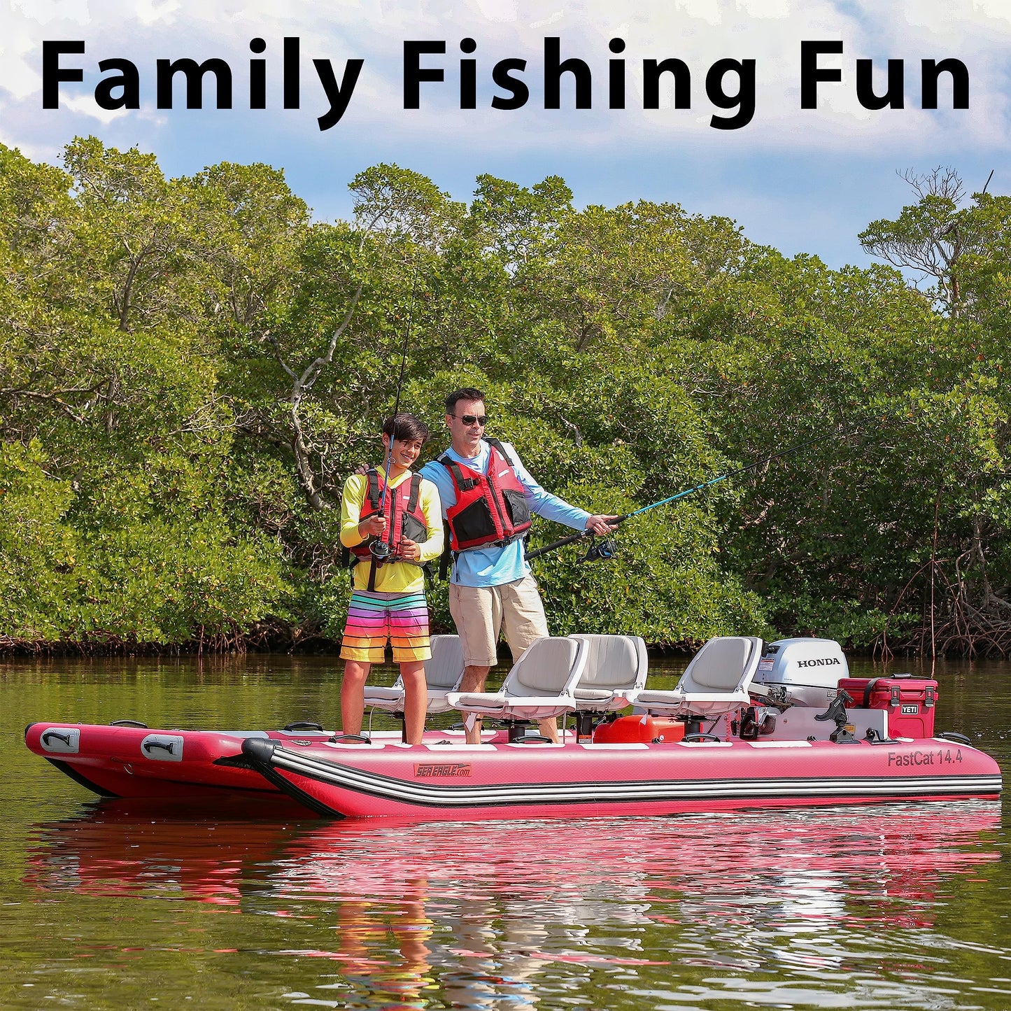 Sea Eagle FastCat Catamaran 2-4 Person Inflatable Boat-Rigid, High-Pressure, All-Drop Stitch, Easy Setup, Self-Bailing