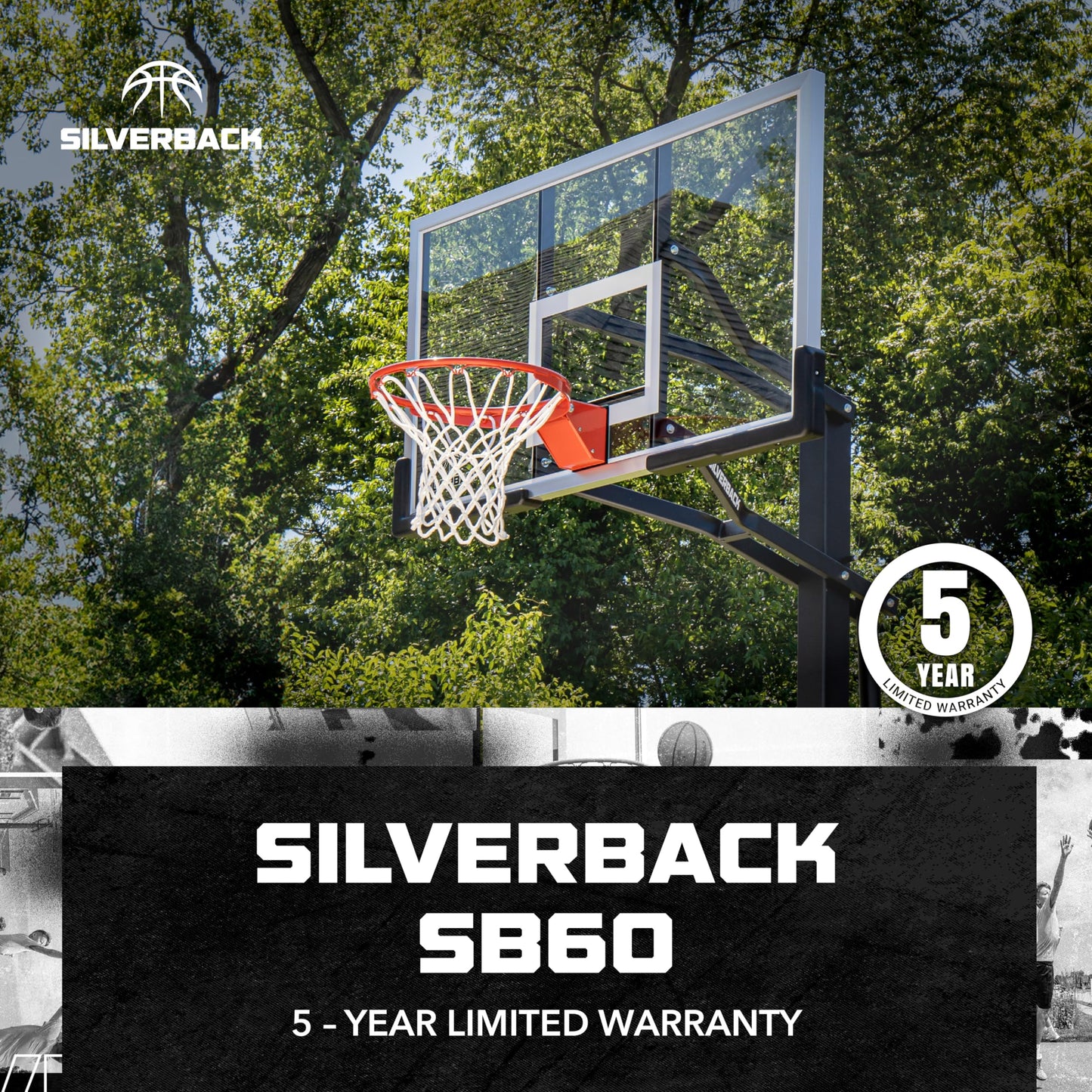 Silverback 60" Height Adjustable In-Ground Basketball Hoop with Tempered Glass Backboard, Pro-Style Breakaway Rim, Pole and Backboard Pad