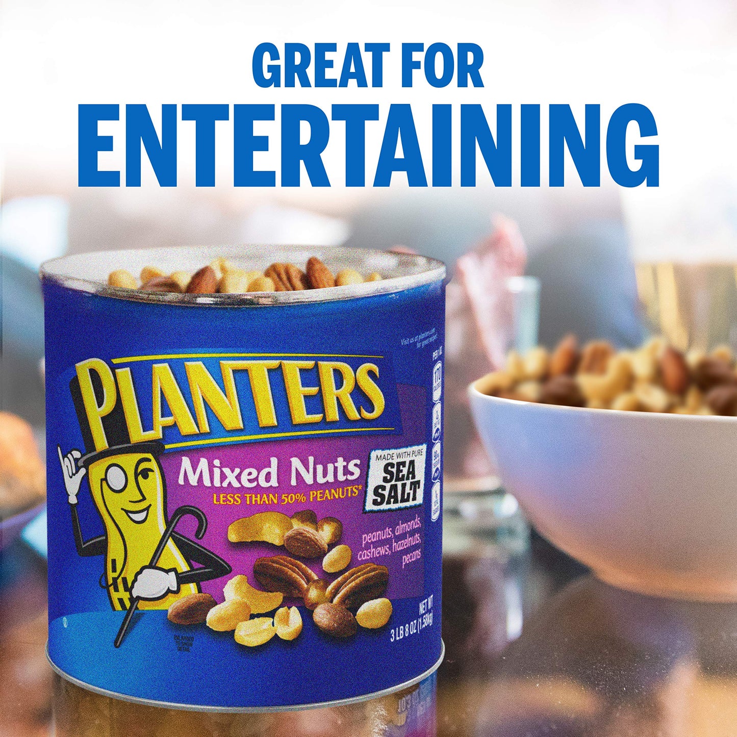 PLANTERS Deluxe Mixed Nuts, Cashews, Almonds, Pecans, Pistachios, Hazelnuts, Roasted with Sea Salt, Party Snacks, Plant-Based Protein Nut Mix, Snacks for Adults, After School Snack Mix, 27oz