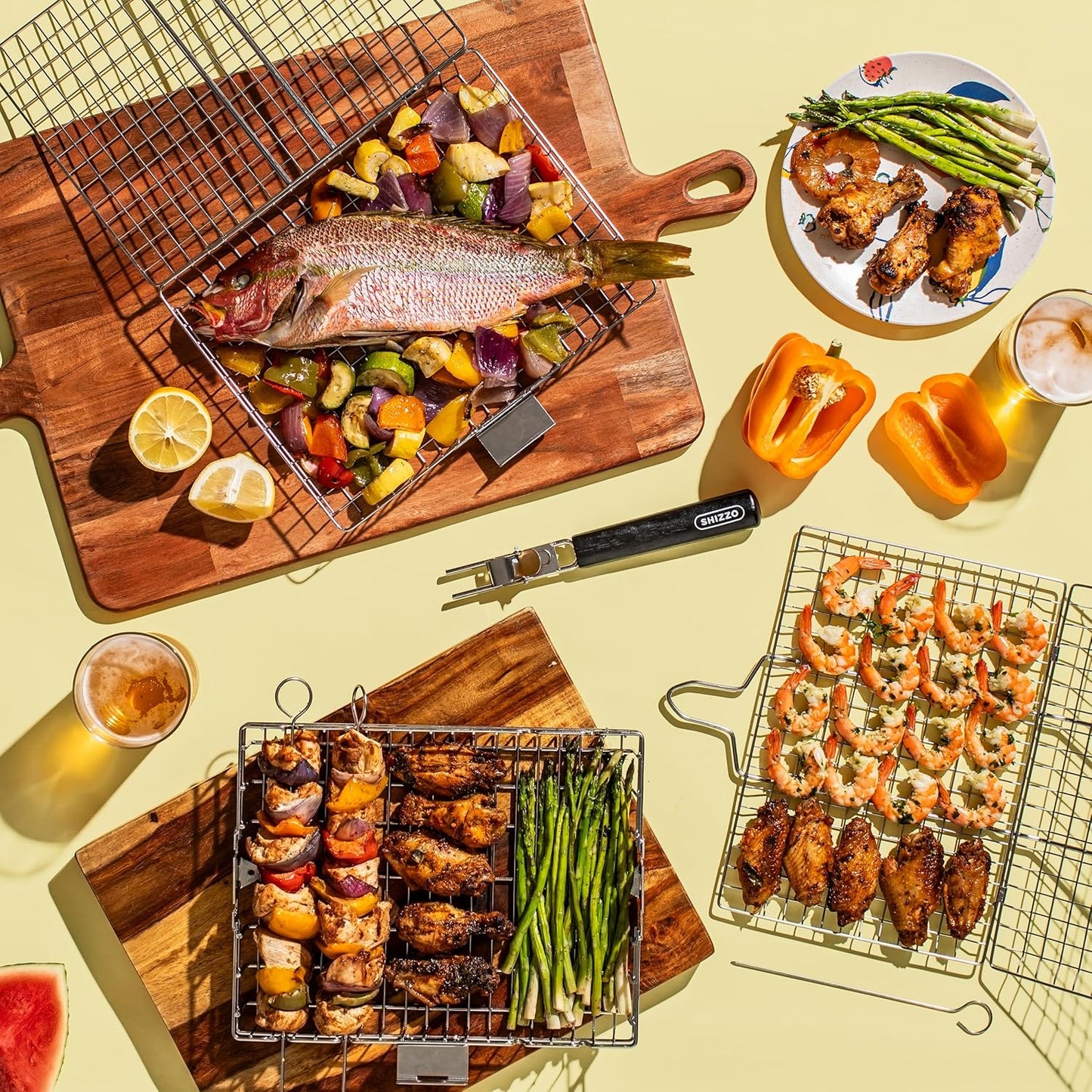 Grill Basket, Barbecue BBQ Grilling Basket , Stainless Steel Large Folding Grilling baskets With Handle, Portable Outdoor Camping BBQ Rack for Fish, Shrimp, Vegetables, Barbeque Griller Cooking Accessories