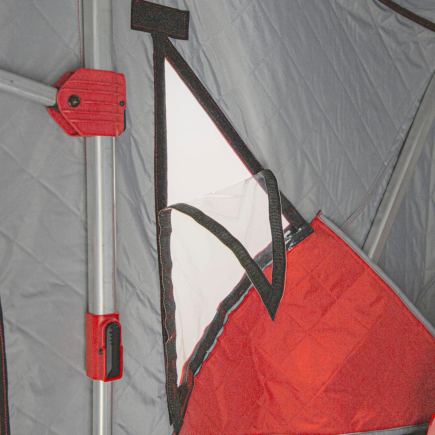 Eskimo Eskape 2000, Flip-Style Sled Ice Fishing Shelter, Insulated, Red/Black, 1-2 Person Capacity, Two Person Versatile Bench Seat, Gray Interior, 44100